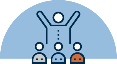 Stylized stick figure with arms raised in front of 3 other individuals