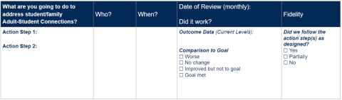 Action plan matrix for what, who when, review outcome and fidelity check